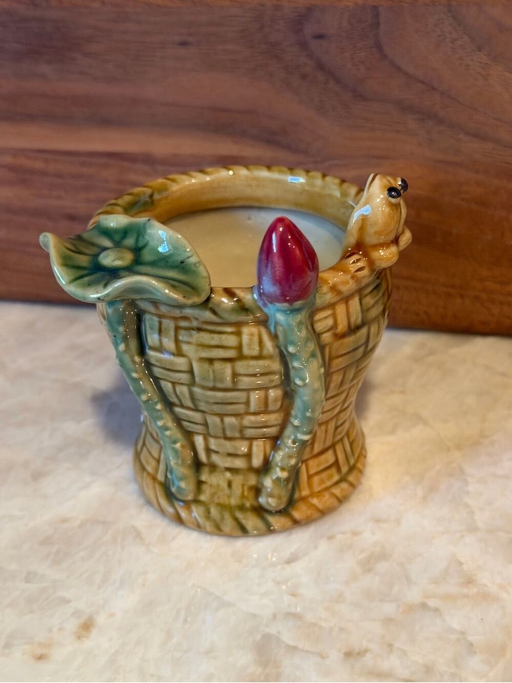 Vintage small pottery vase majolica frog and lily pad